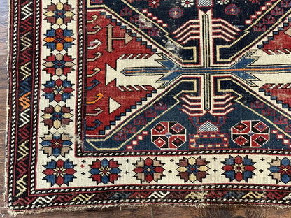 Antique Shirvan Caucasian Rug 3x5 Geometric Wool Hand Knotted Red Navy Beige