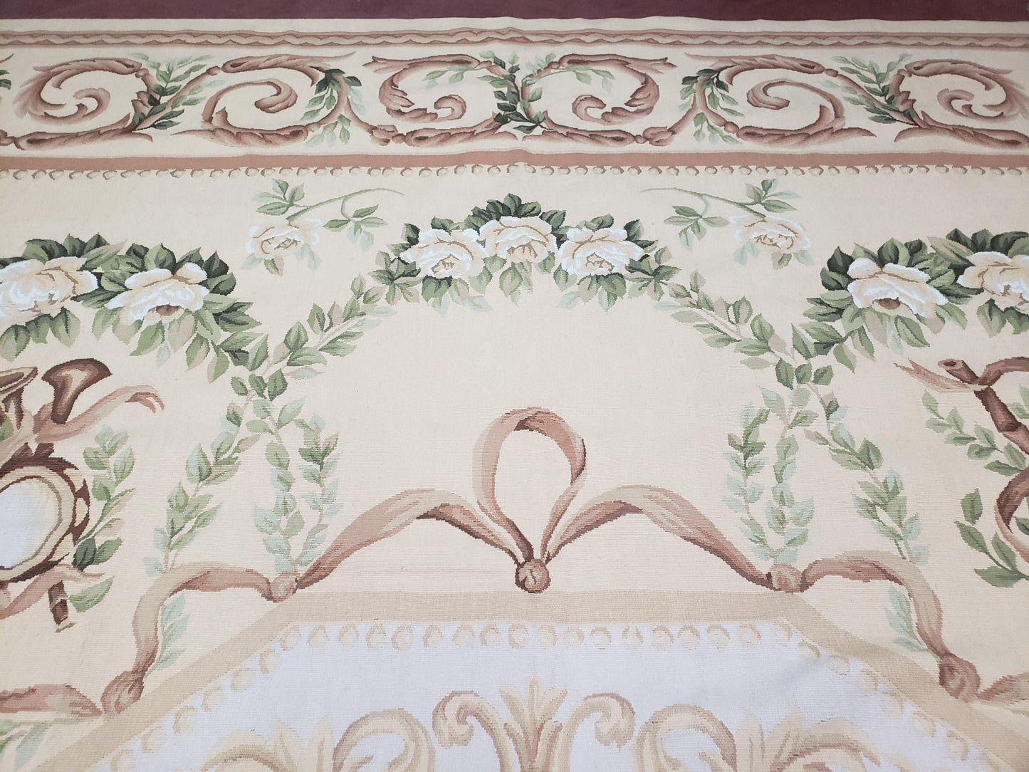 Elegant Aubusson Rug 10 x 14, Cream and Ivory Simple Aubusson Floral Carpet, Hand-Woven, European, New Aubusson Rug, Wool Area Rug, Violins