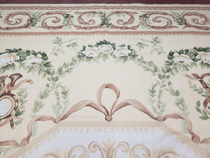 Elegant Aubusson Rug 10 x 14, Cream and Ivory Simple Aubusson Floral Carpet, Hand-Woven, European, New Aubusson Rug, Wool Area Rug, Violins