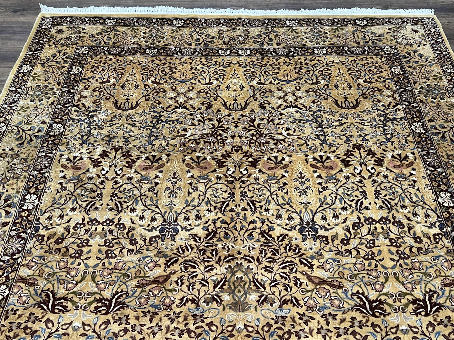 Pretty Indo Persian Rug 6x9, Allover Floral Motif with Birds, Tan/Cream, Very Fine Oriental Carpet, Hand Knotted Vintage Indian Wool Rug