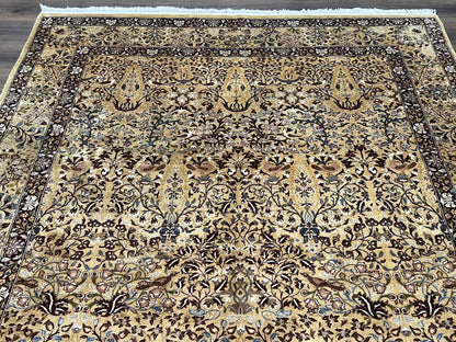 Pretty Indo Persian Rug 6x9, Allover Floral Motif with Birds, Tan/Cream, Very Fine Oriental Carpet, Hand Knotted Vintage Indian Wool Rug