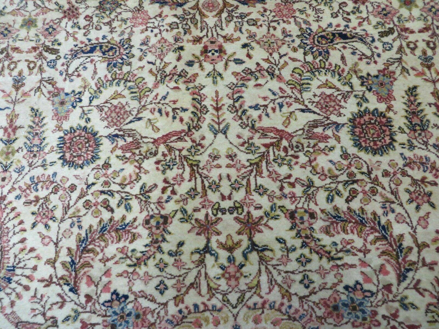 Persian Tabriz Rug 8x10, Antique Authentic Wool Oriental Carpet 8 x 10 ft, Bird Motifs Floral Boteh Paisleys, Cream Red Blue Vintage Handmade Rug