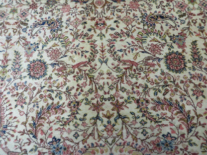 Persian Tabriz Rug 8x10, Antique Authentic Wool Oriental Carpet 8 x 10 ft, Bird Motifs Floral Boteh Paisleys, Cream Red Blue Vintage Handmade Rug