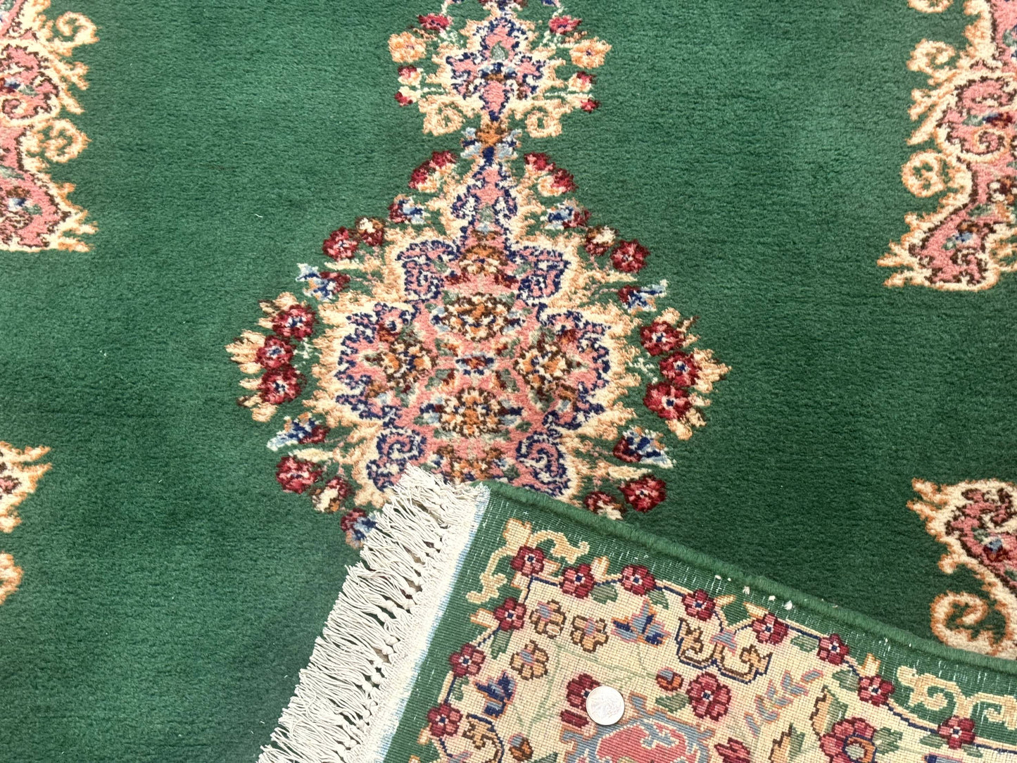 Green Persian Kerman Rug 4x6 Vintage Semi Open Field With Cream Borders