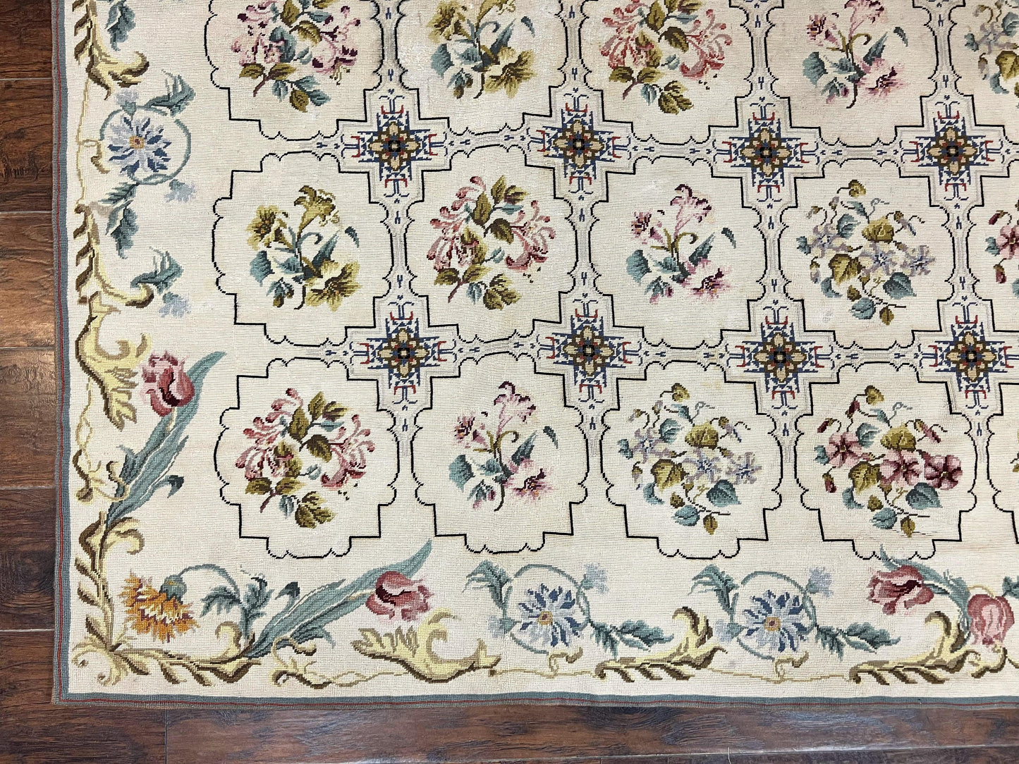 Needlepoint Rug 10x14, Wool Handmade Vintage Needlepoint Carpet, Floral Panel Design, Ivory/Cream