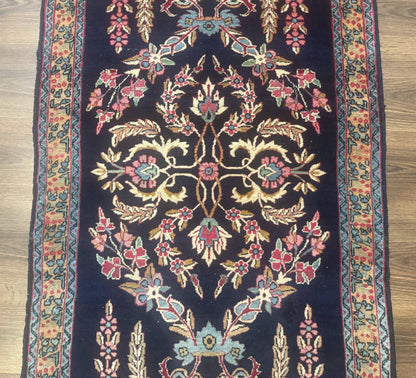 Persian Kerman Rug Antique Navy Blue Floral 2 Ft 8 In By 4 Ft Hand Woven