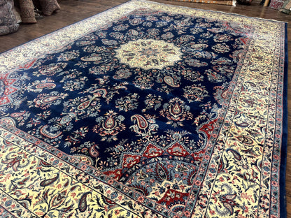 Persian Kerman Rug 10x14 Wool Floral Medallion Handmade Blue And Beige