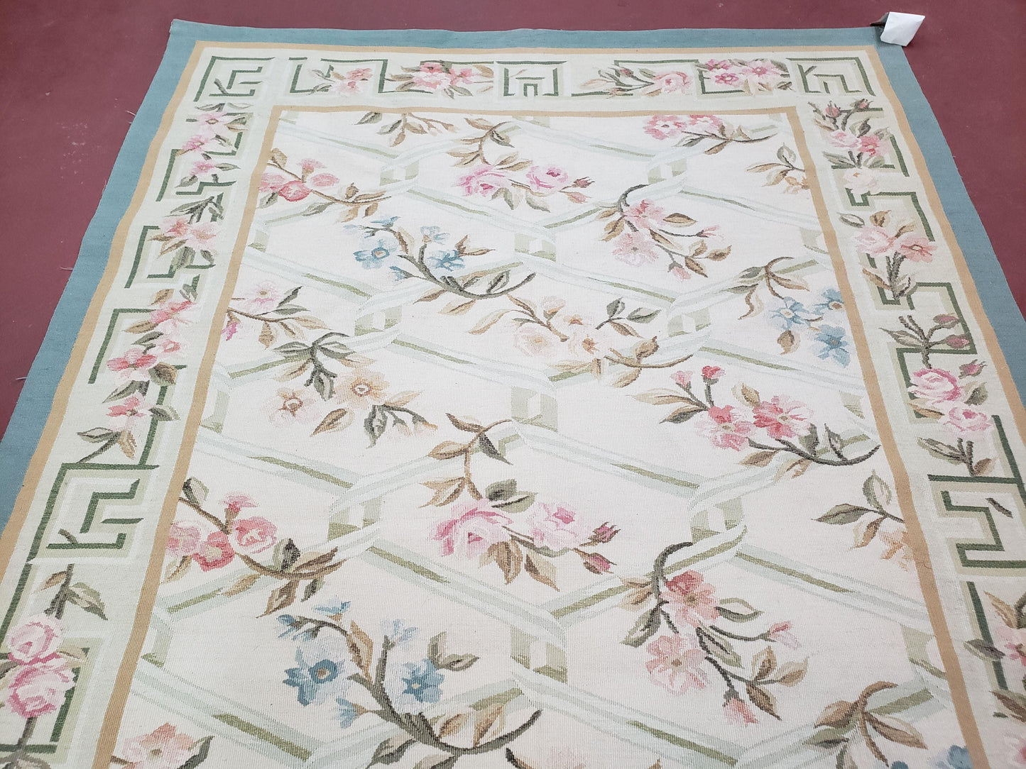 Vintage Aubusson Area Rug, Aubusson Flat weave Carpet, Floral Geometric Pattern, Beige Teal Green, 4x6 Rug, European Design