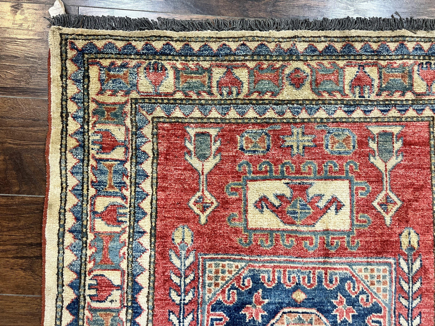 Turkish Kazak Rug 3x4 Hand Knotted Wool Vintage Carpet Red Navy Blue Geometric Design