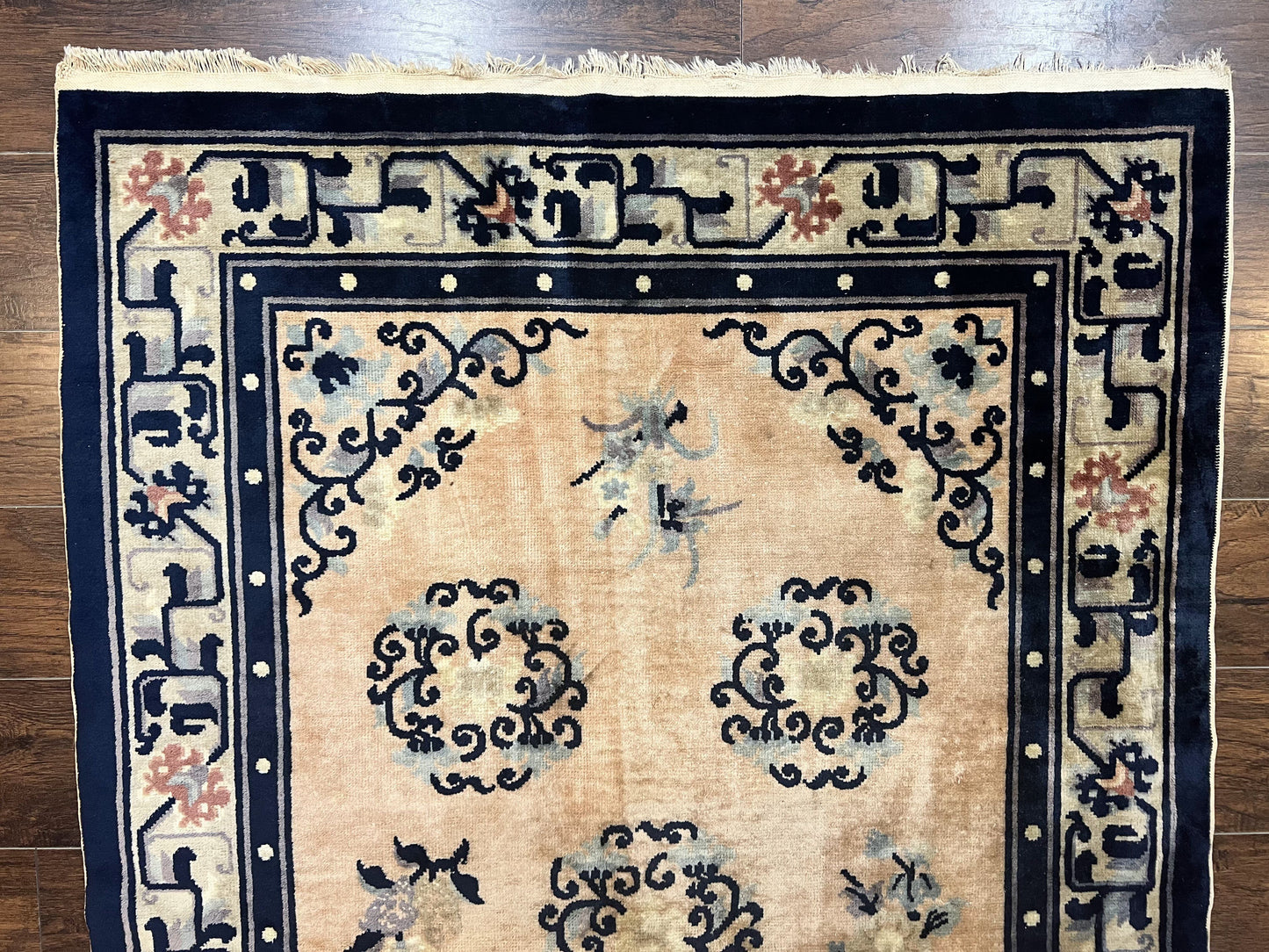 Chinese Peking Rug 4x6 Wool Hand Knotted Vintage Semi Antique Carpet Light Peach Navy Art Deco Style