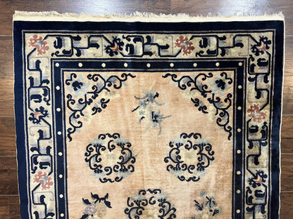 Chinese Peking Rug 4x6 Wool Hand Knotted Vintage Semi Antique Carpet Light Peach Navy Art Deco Style