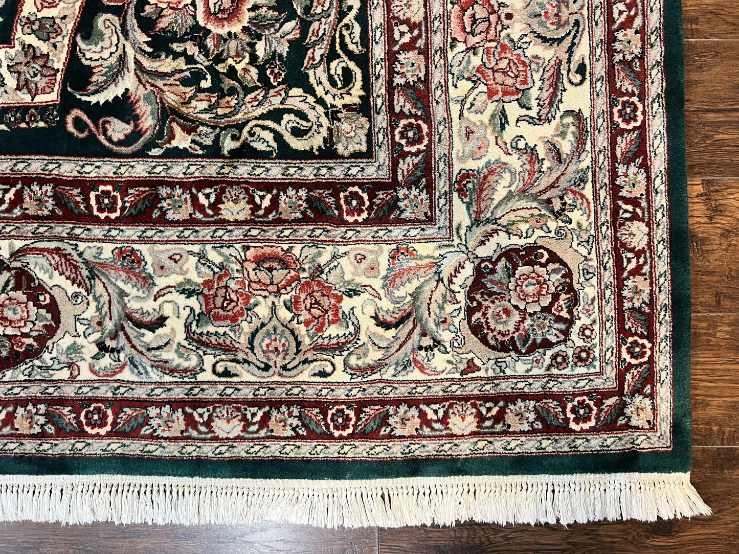 Persian Rug 9x12 Dark Green Cream Floral Medallion Handmade Wool Carpet