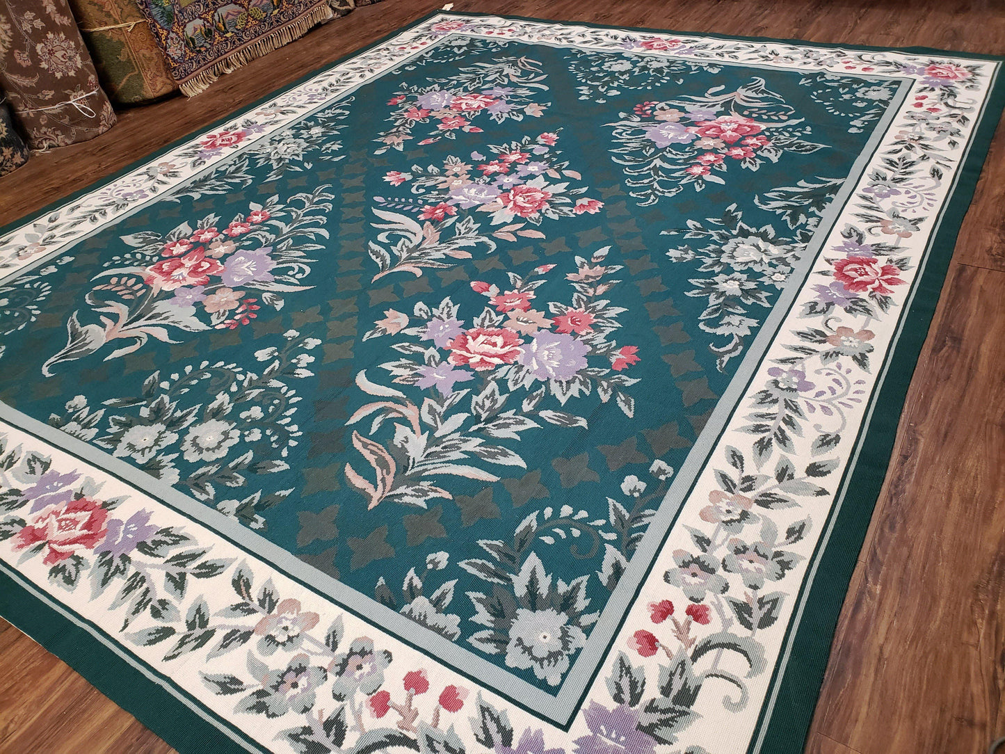 Chinese Needlepoint Rug 8x10 Vintage Green Handwoven Wool Carpet European Floral Living Room Rug