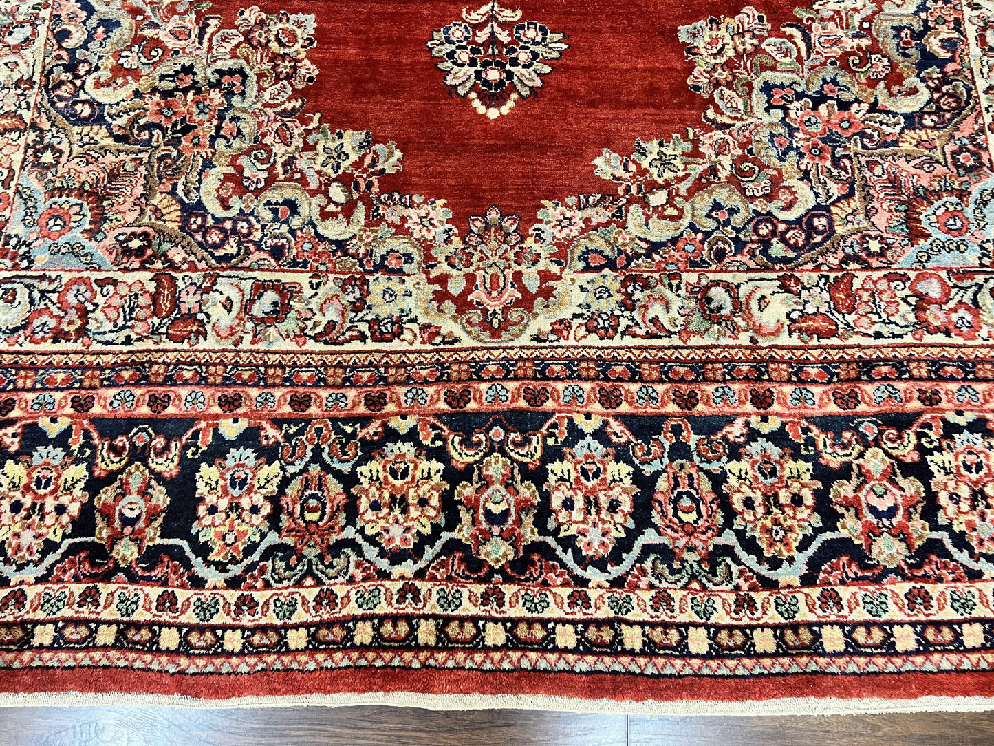 Persian Sarouk Rug 11x14, Semi Open Field, Large Antique Persian Wool Handmade Carpet, Red and Dark Blue, Floral