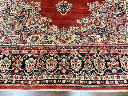 Persian Sarouk Rug 11x14, Semi Open Field, Large Antique Persian Wool Handmade Carpet, Red and Dark Blue, Floral