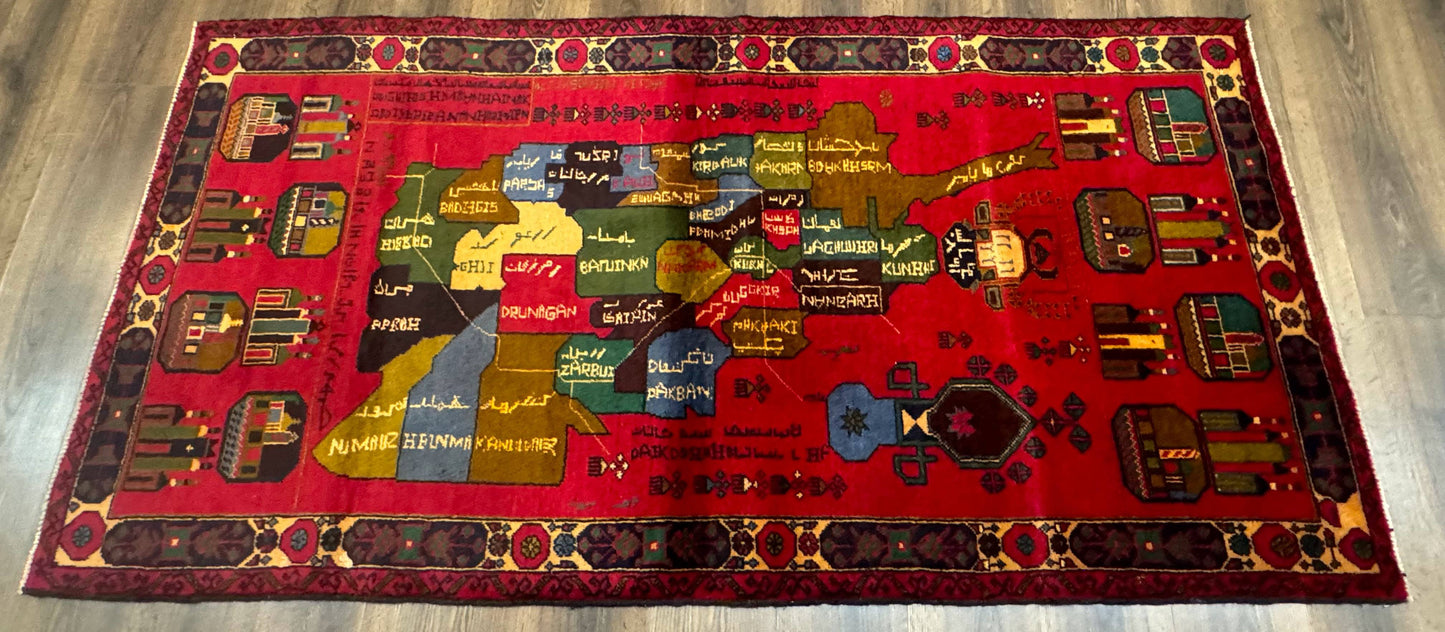 Red Afghan Balouch Rug 3x7, Tribal, Map of Afghanistan Depiction, Handmade, New