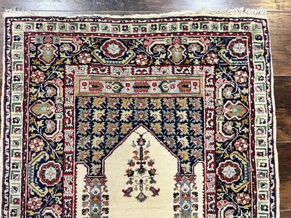 Turkish Prayer Rug Two Point Five By Four Vintage Wool Hand Knotted Ivory Carpet