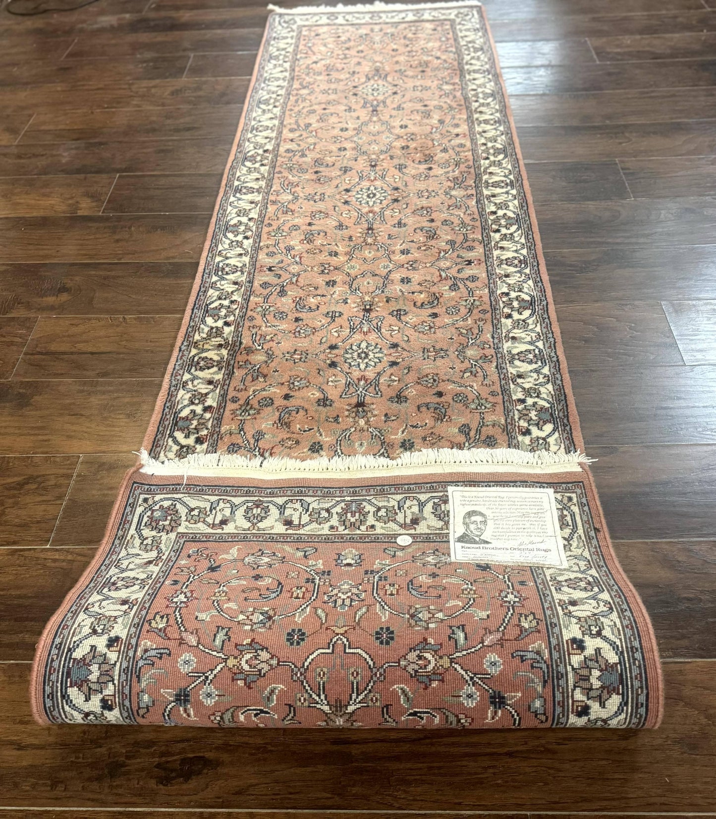 Indo Persian Runner Rug 2.6 x 10, Coral and Cream, Hand Knotted 10ft Wool Oriental Runner for Hallway or Kitchen