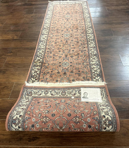Indo Persian Runner Rug 2.6 x 10, Coral and Cream, Hand Knotted 10ft Wool Oriental Runner for Hallway or Kitchen