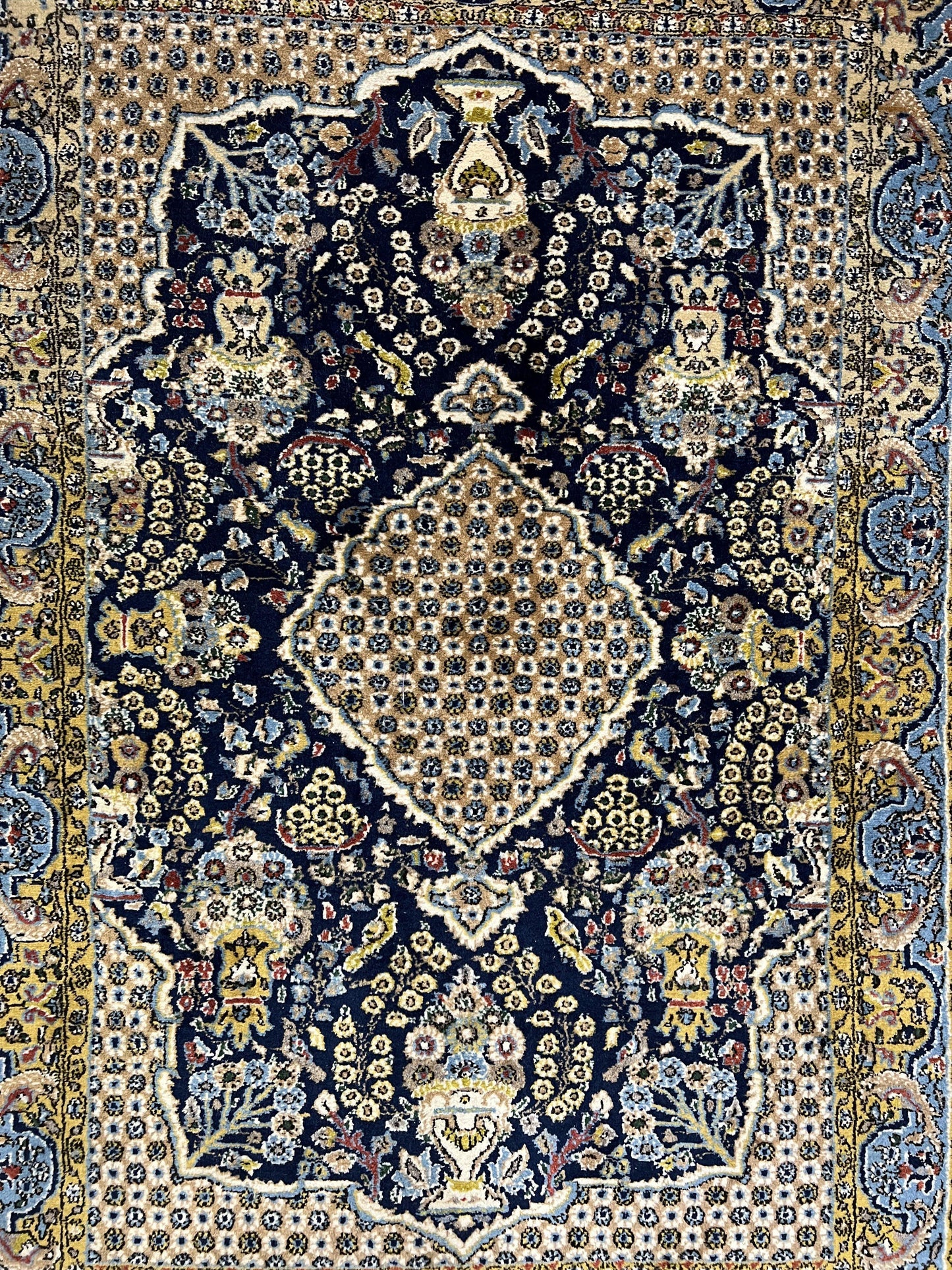 Fine Persian Qum Rug 3x5, Semi Antique Vintage Oriental Ghom Carpet, Floral Medallion, Highly Detailed, Hand Knotted, Navy Blue, Wool Area Rug, Birds
