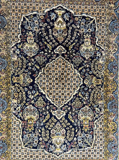 Fine Persian Qum Rug 3x5, Semi Antique Vintage Oriental Ghom Carpet, Floral Medallion, Highly Detailed, Hand Knotted, Navy Blue, Wool Area Rug, Birds
