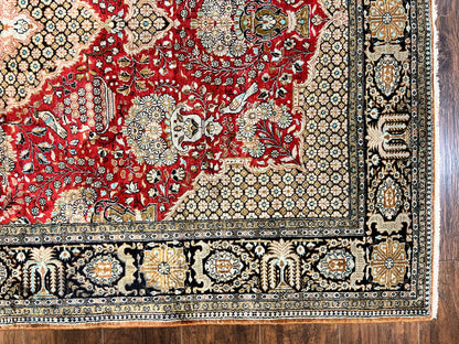 Persian Silk Rug 5x7 Hand Knotted Vintage Qum Carpet With Birds Floral Vases Red