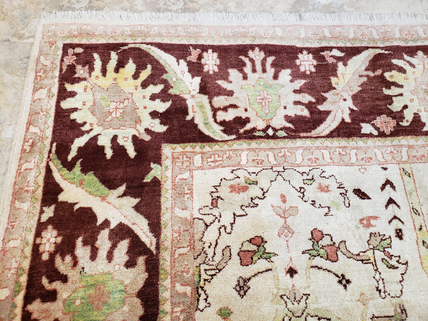 Beige and Maroon Peshawar Rug 10x15, Large Oushak Carpet, Pakistani Rug, Handmade Area Rug, Hand Knotted Rug, Living Room Rug, Nice Wool Rug