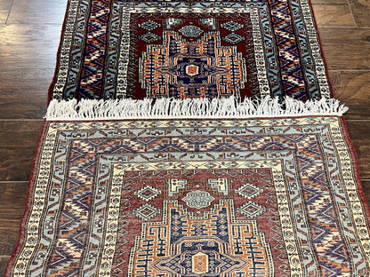 Kazak Rug Vintage Handmade Wool 3x5 Ft Pakistani Geometric Dark Red Oriental Carpet