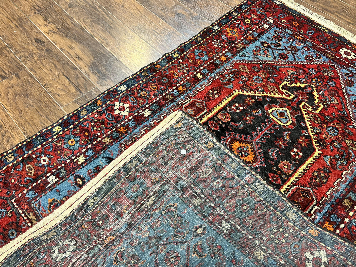 Antique Persian Tribal Rug 4x7, Wool Handmade 1920s Carpet, Red Blue, Persian Hamadan Rug