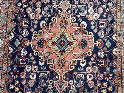 Persian Rug 3x5, Jozan Sarouk Rug, Navy Blue and Coral, Medallion Rug, Semi Antique