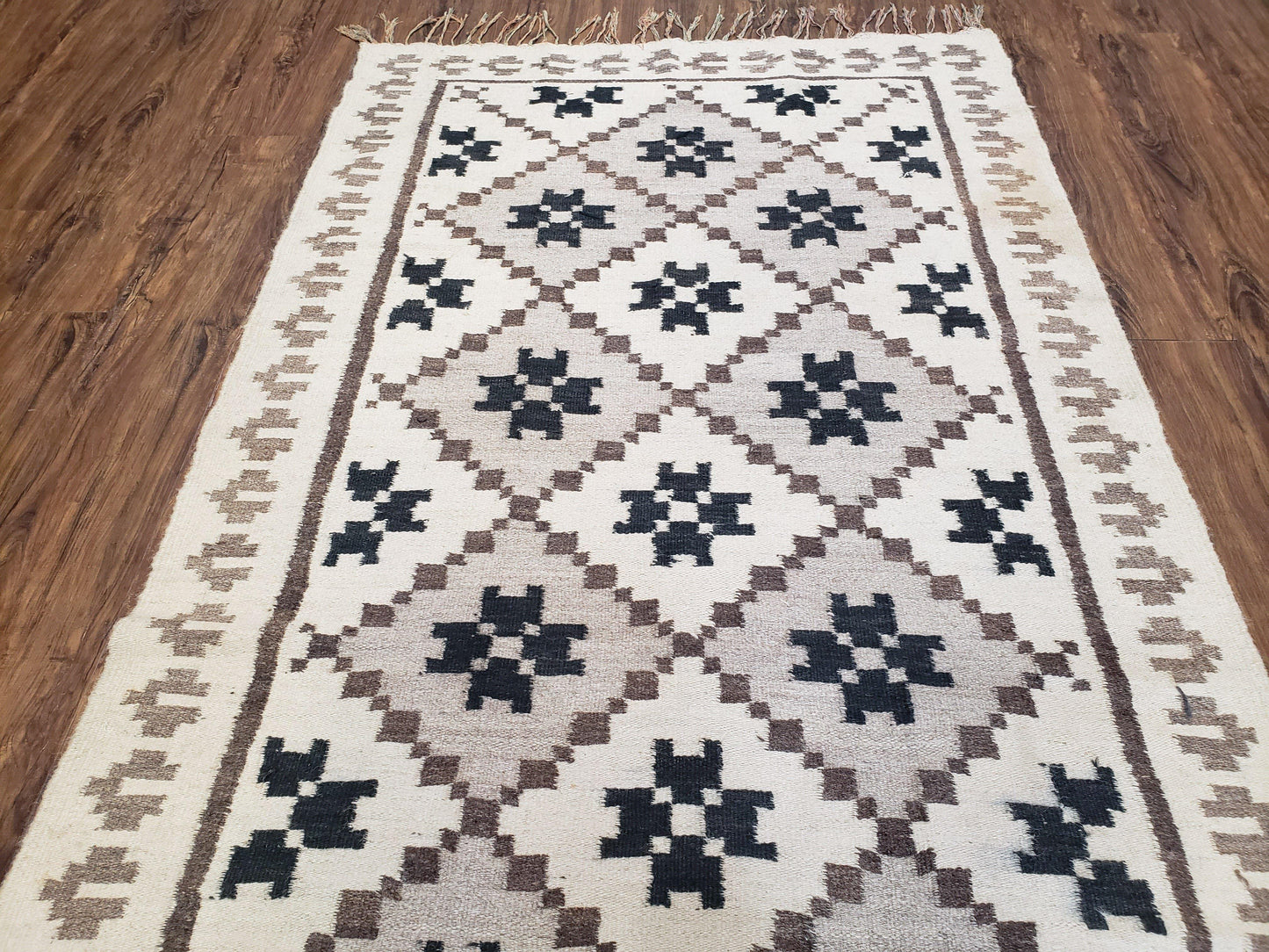 Semi Antique South American Handwoven Wool Kilim Rug 4x8 Runner Diamond Panel