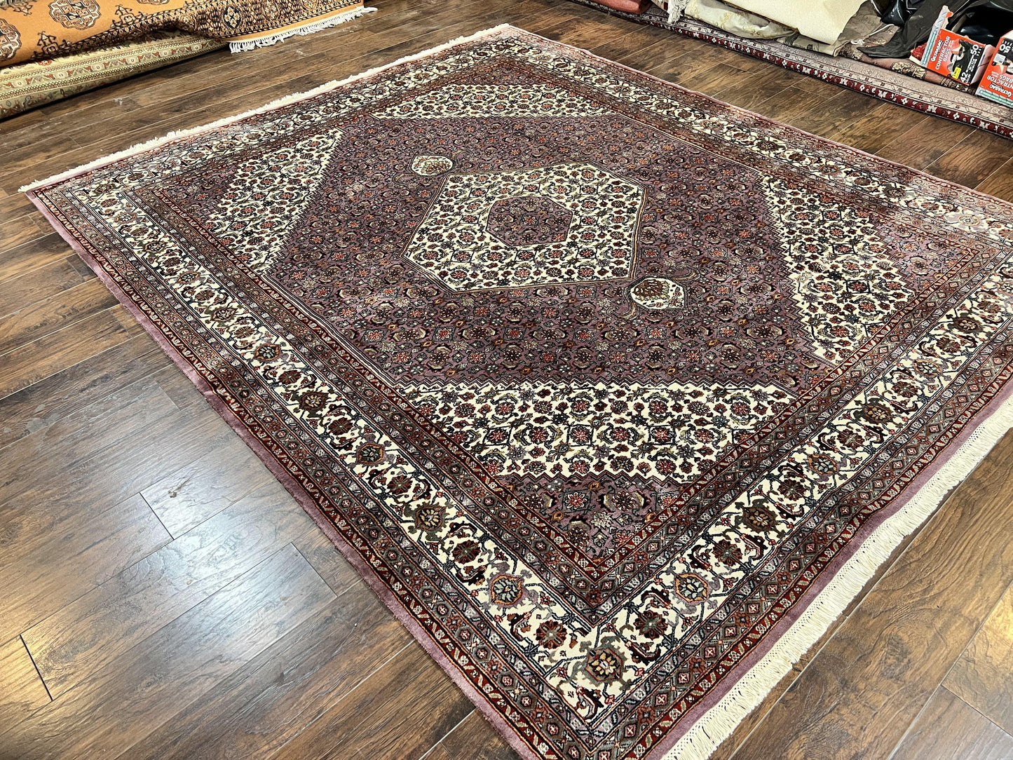 Indo Persian Bidjar Rug 8x10, Purple and Ivory Hand Knotted Wool Vintage Oriental Carpet, Herati Mahi Pattern, 8 x 10 Traditional Fine Rug