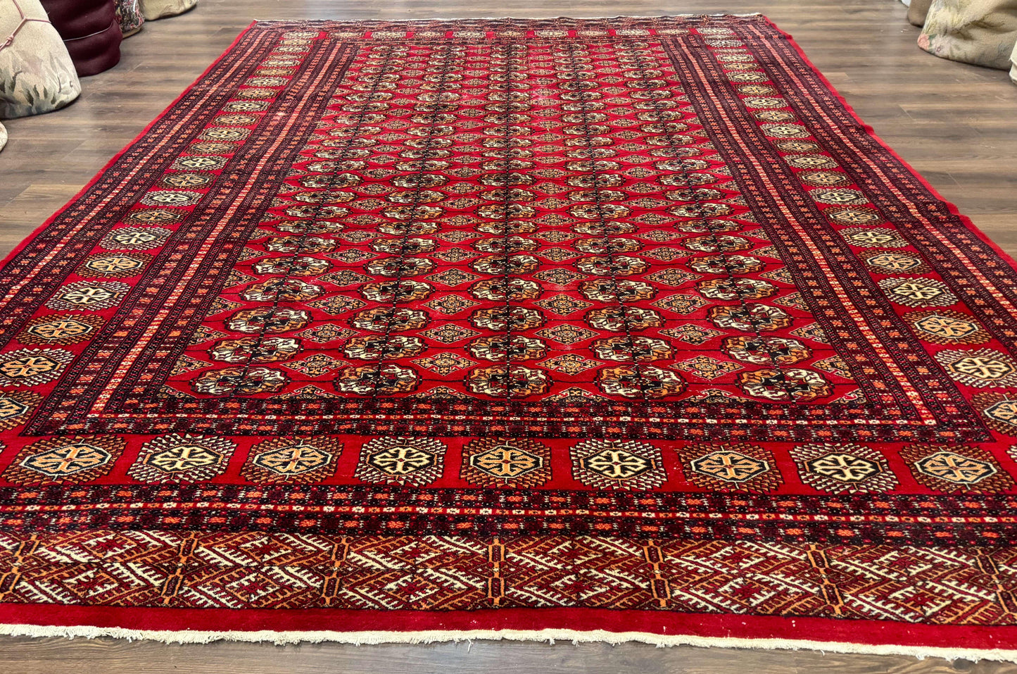 Bokhara Rug 9x12 Handmade Wool Turkoman Area Rug Red Tribal Carpet