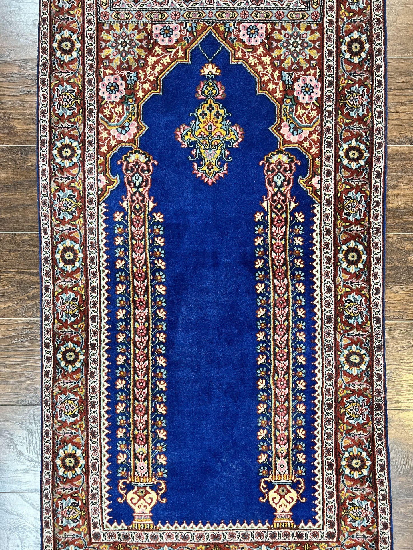 Indo Persian Prayer Rug 3x5 Vintage Hand Knotted Handmade Wool Dark Blue And Red Oriental Carpet