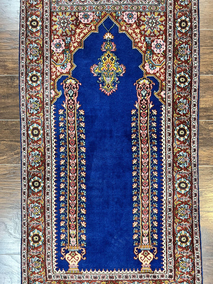 Indo Persian Prayer Rug 3x5 Vintage Hand Knotted Handmade Wool Dark Blue And Red Oriental Carpet