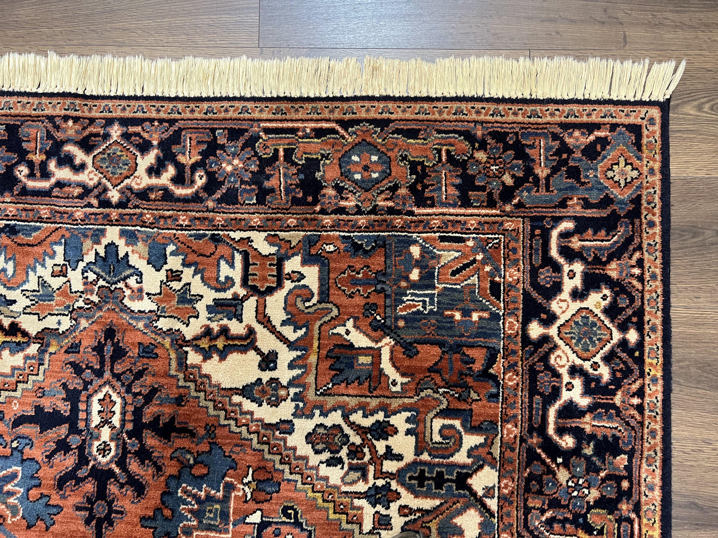 Heriz Rug 5.6 x 8, Geometric Medallion, Wool Oriental Carpet, Tribal Boho Rug, Red Navy Blue Cream, Belgium Power Loomed Rug, Medium Sized