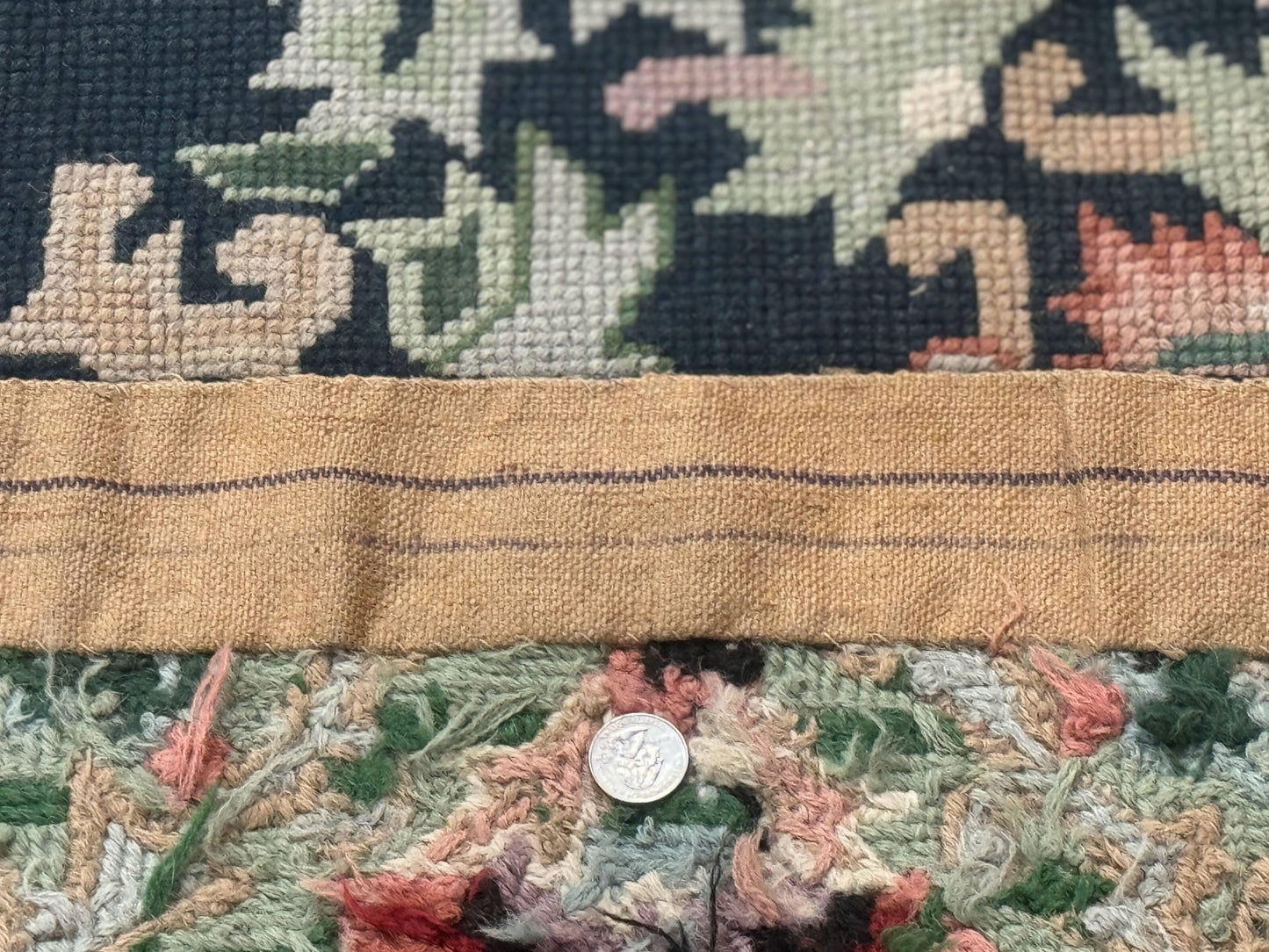 Vintage American Needlepoint Rug 4x6 Dark Green Wool Handmade Flatweave Carpet