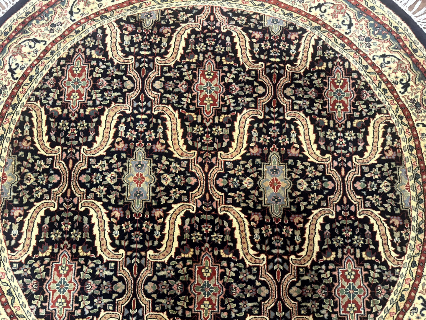 Indo Persian Bidjar Rug Round 6x6 Wool Hand Knotted Navy Blue Beige