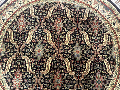 Indo Persian Bidjar Rug Round 6x6 Wool Hand Knotted Navy Blue Beige