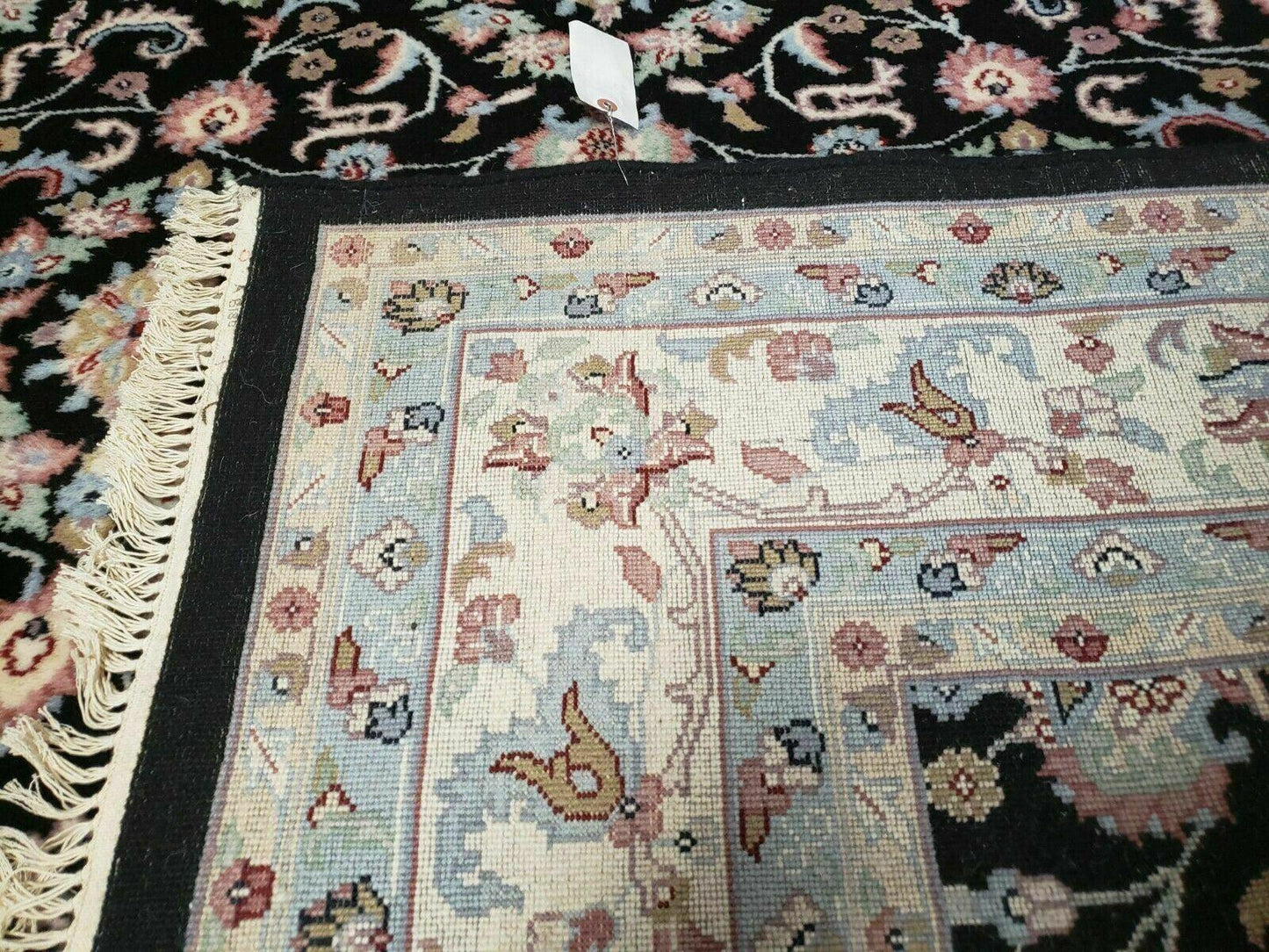 Handmade Indian Agra Wool Rug 6x9 With Vegetable Dyes Black Floral Pattern