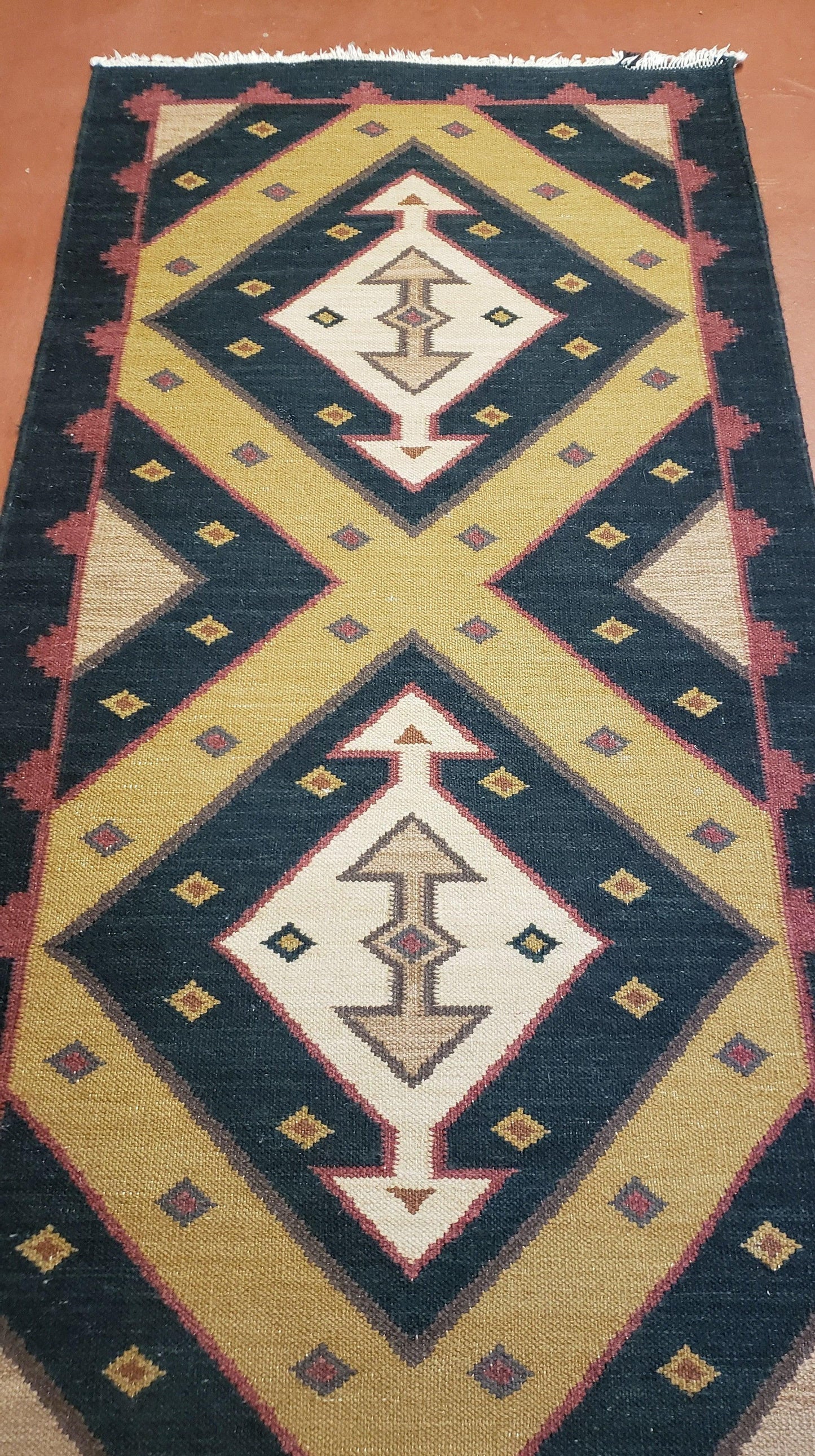 Vintage Indian Kilim Runner Rug, Geometric Flatweave Hand-Knotted Wool Kitchen Hallway Runner, Black Gold & Beige, 2' 8" x 9' 9"