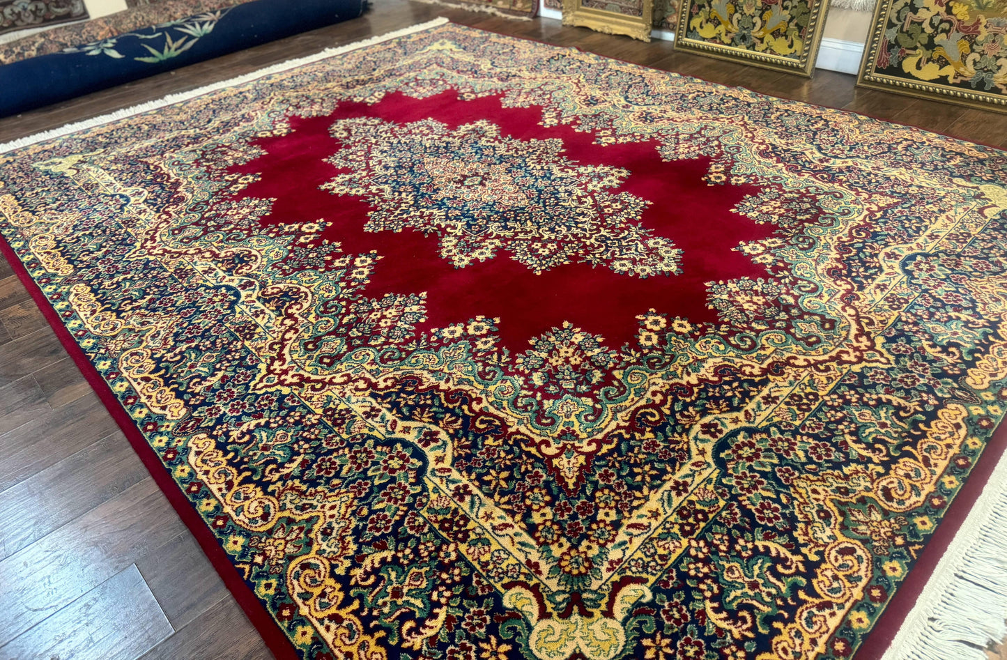 Power Loomed Persian Kirman Rug 9x12 Vintage Wool Pile Area Rug