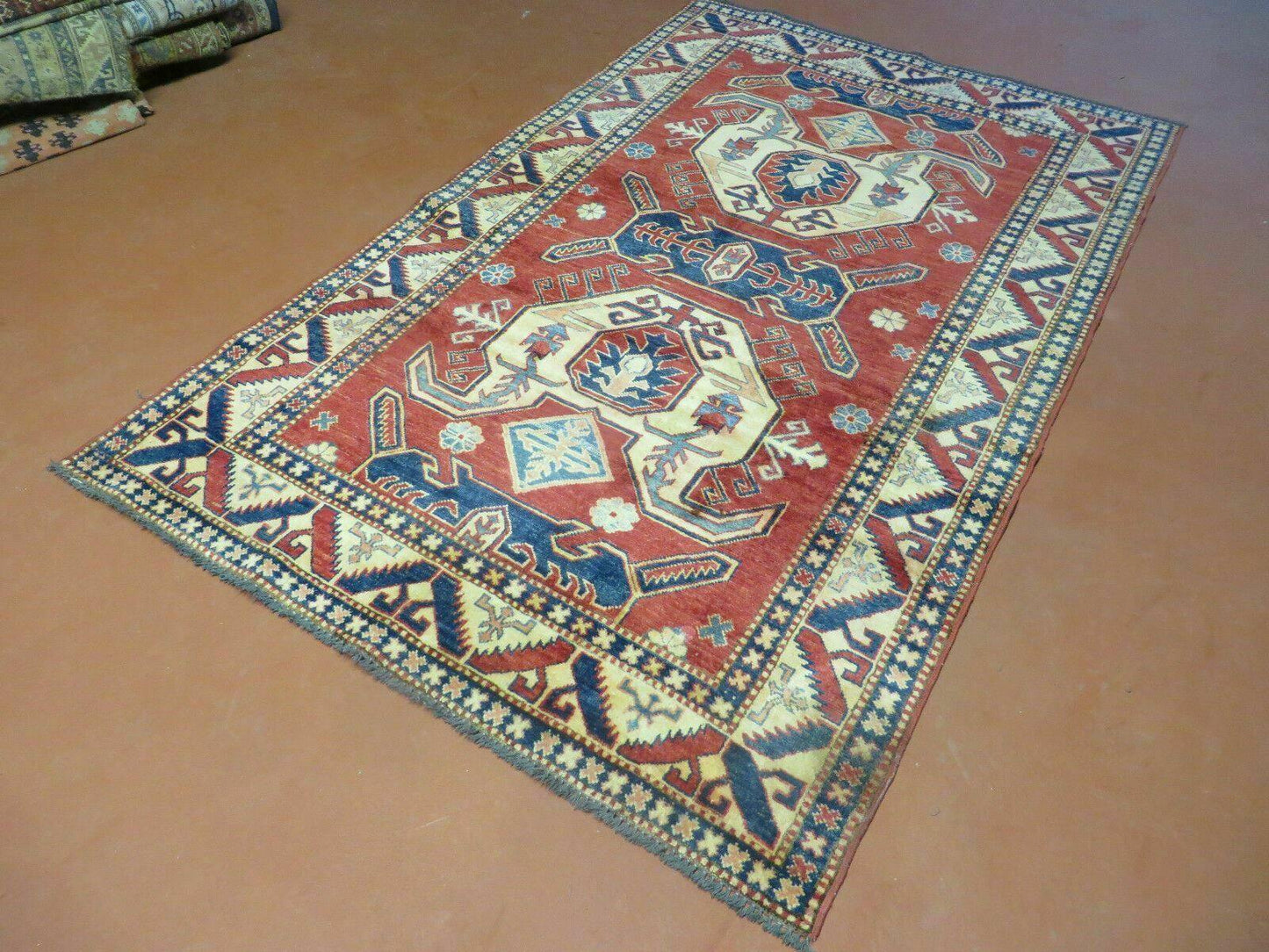 Vintage Turkish Kazak Wool Rug Handmade 4x6 Pattern Carpet Natural Dyes