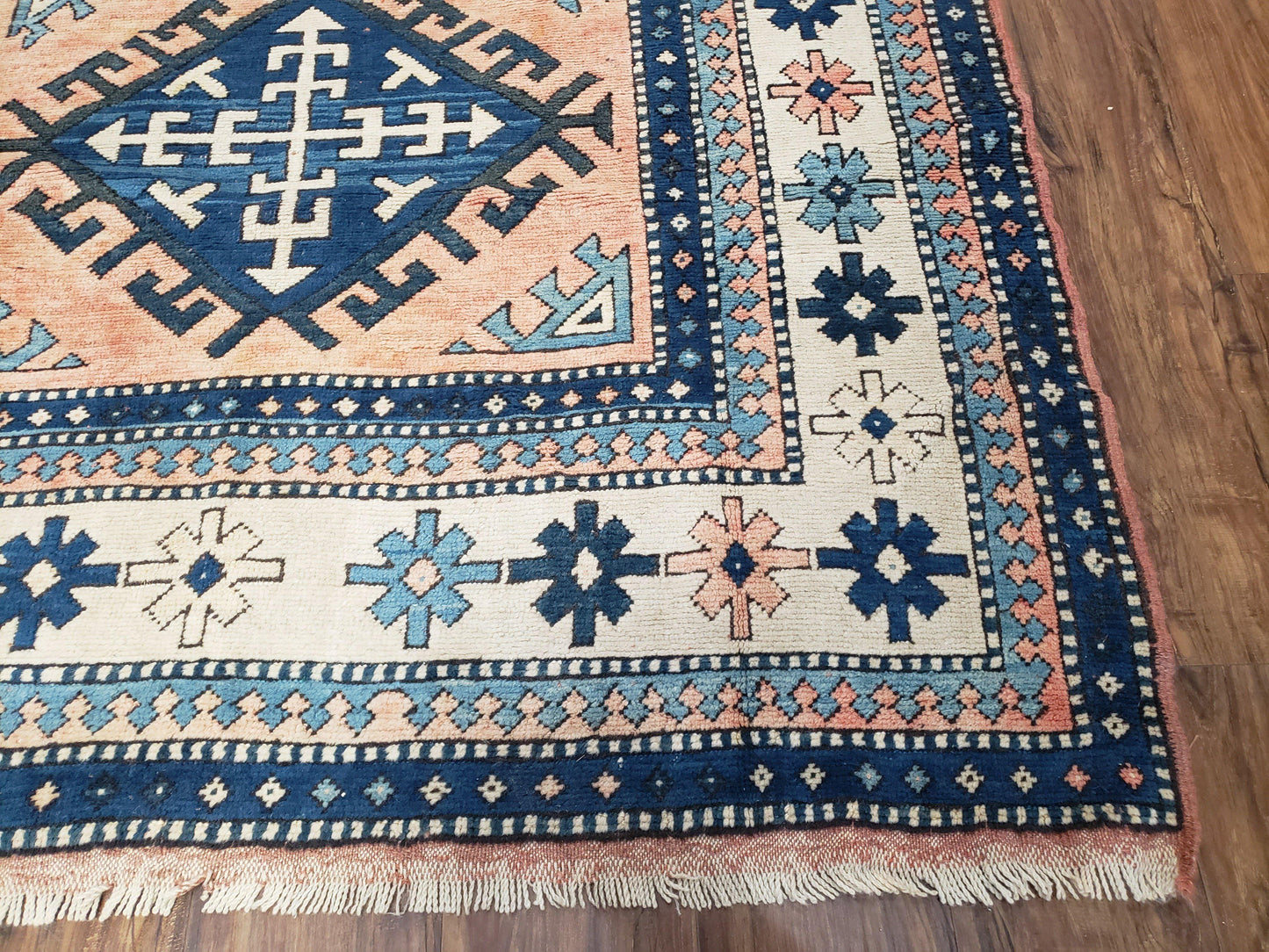 Turkish Kazak Rug 5x8 Ft Hand Knotted Wool Bohemian Carpet Blue Ivory