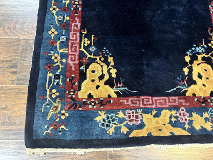 Antique Chinese Peking Rug 3x6 Handmade Wool Bird Motif Dark Blue Oriental Carpet