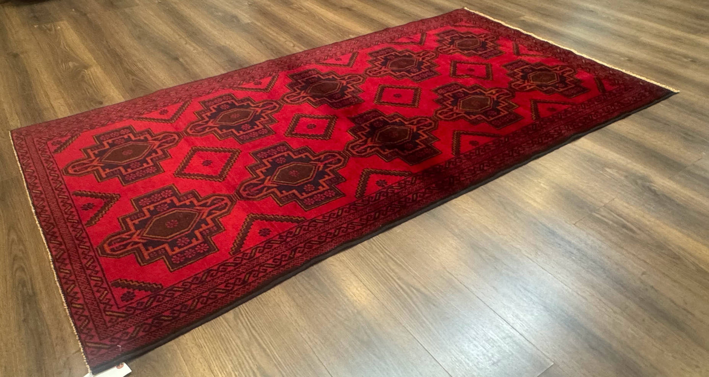 Balouch Afghan Rug 4x7 Hand Knotted Wool Contemporary Tribal Carpet Red And Navy
