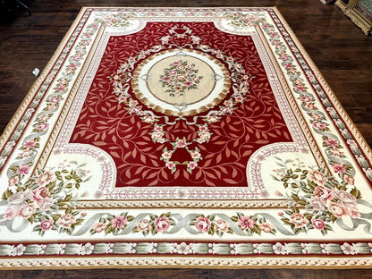 Aubusson Rug Handmade Vintage Needlepoint Carpet 9x12 Red Ivory Wool Elegant European Design