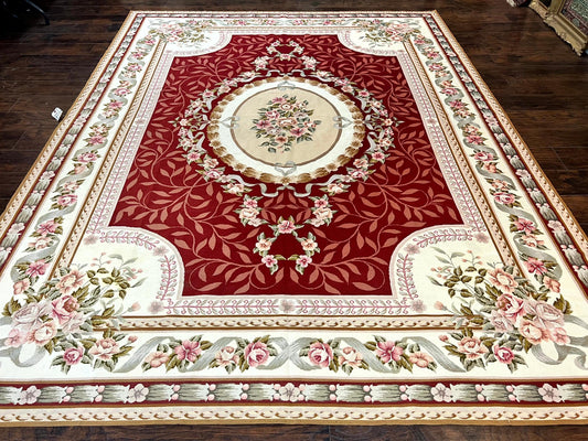 Aubusson Rug Handmade Vintage Needlepoint Carpet 9x12 Red Ivory Wool Elegant European Design