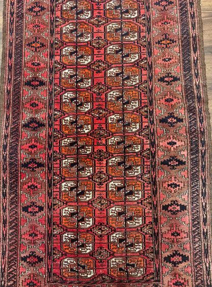 Antique Turkoman Rug 3.7 x 6.7, Red, Wool Runner Rug
