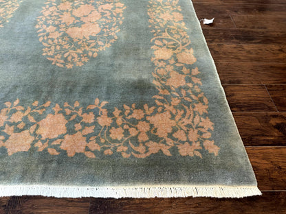 Teal Chinese Wool Rug 6x8, Vintage Handmade Carpet, Floral, Semi Open Field